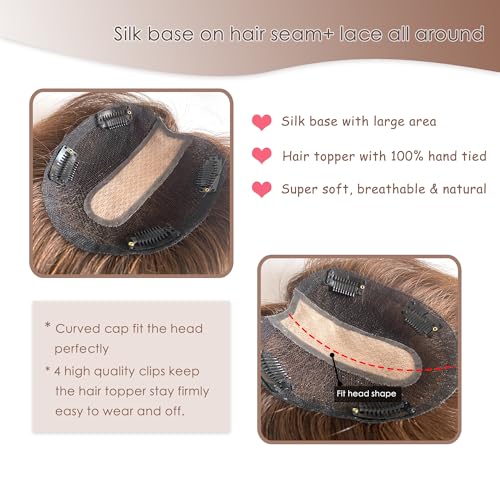 Hair Topper with Bangs Crown Coverage 5 * 5.5'' Cap size, 130% Density Straight Remy Hair Full Hand Tied Hair Piece (Medium brown, Bangs 4#, 10 Inch)