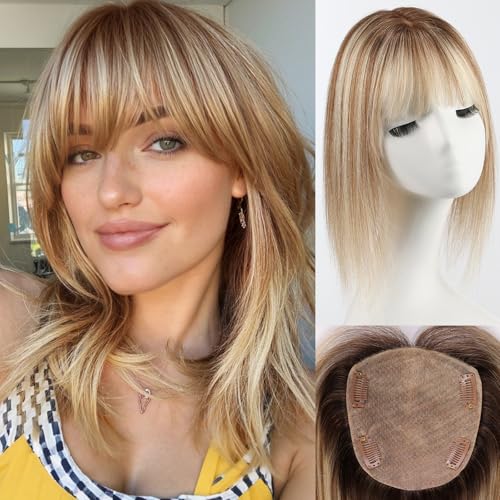 HAIRCUBE 12 inch Hair Toppers for Women 5"*5.5" Large Base Light Brown with Blonde Highlight Real Human Hair Topper With Bangs HairToppers for Women with ThinningHair Cover Gray Roots Add Volume