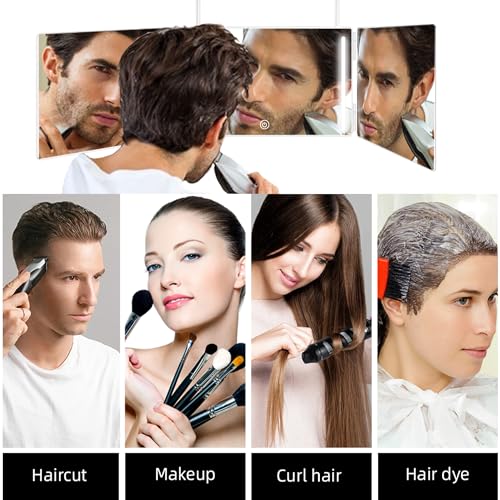 LED 3 Way Mirror to See Back of Head 360 Mirror for Women for Braiding Hair Telescoping Hooks Anti-Fog HD Glass Three Way for Self Hair Cutting Makeup Trifold