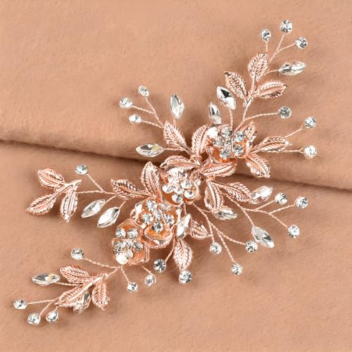 Bridal Hair Accessories Bright Rose Gold Wedding Hair Duckbill Clip for Brides, Handmade Rhinestone Hair Vine Wedding Head Pieces for Women and Bridesmaids Flower Girls