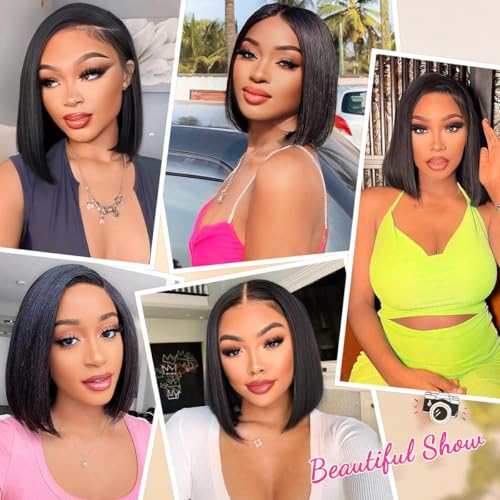 Bob Wigs Human Hair 13x4 HD Lace Front Bob Wig Human Hair Short Straight Frontal Glueless Bob Wigs for Black Women Human Hair Pre Plucked with Baby Hair Side Part 180% Density 12 Inch D