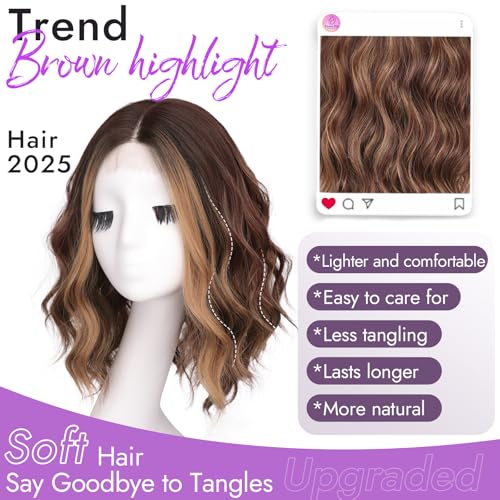 Brown Highlight Short Wavy Wig for Women Lace Hairline Bob Style Synthetic Heat Resistant - Natural Appearance for Everyday Hairstyle 14 Inch