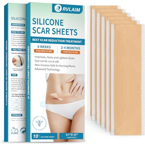 Silicone Scar Sheets, Silicone Scar Tape(5.7" x 1.57"10 Pcs) Silicone Scar Strips, Professional Scar Removal Sheets for Surgical Scars, Keloid, C-Section, Burn et