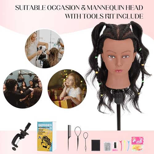 Mannequin Head 100% Real Human Hair 16", Mannequin Head Human Hair Cosmetology Doll Head for Hair Styling, Manikin Head for Braiding With Clamp Holder