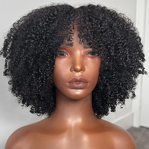 Afro Kinky Curly Wig with bangs Glueless Scalp Top Full Machine Made Human Hair Wigs for Black Women 200Density Kinky Curly Brazilian Human Hair Wig 16inch Natural Color
