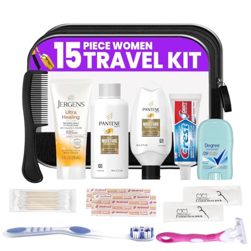 Trektote Travel Toiletry Kit For Women ? 15 Piece Set of Premium Travel Size Toiletries, TSA Compliant Travel Essentials, Includes Shampoo And Conditioner, Body Wash, Toiletry Bag & More