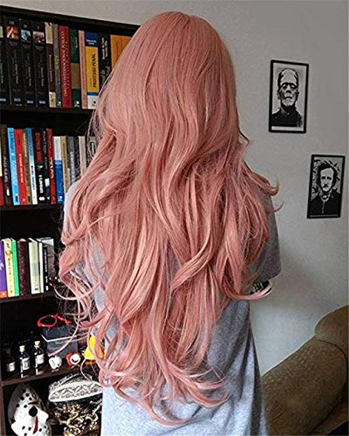sylvia Peach Pink Lace Front Wigs Long Curly Wave Layered Dusty Pink Heat Safe Synthetic Hair Lace Front Wigs Decent Parting Space Transparent Lace for White Pale Scalp for Drag Queen…