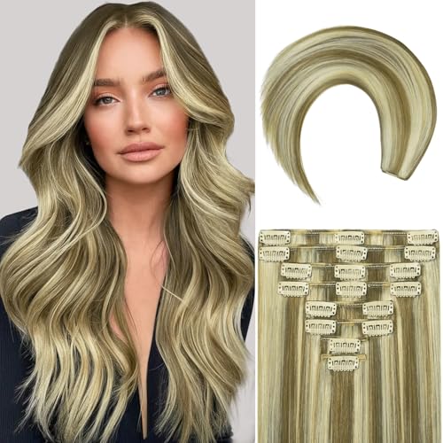 Blonde Clip in Hair Extensions, 26 Inch 130g, 8p613 Mixed Bleach Blonde, Invisible Seamless Straight Remy Blonde Hair Extensions Clip in 8pcs Per Set with Double Weft