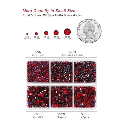Hotfix Rhinestones 3960pcs, Red Rhinestone for Clothes, Hot Fix Crystals Rhinestones with Tweezers and Wax Pencil Kit,Mixed 5 Sizes, SS6-SS30, Siam