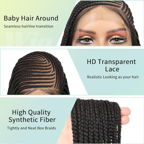 13x8 Inch HD Lace Front Cornrow Braided Wigs For Women Box Braid Wig With Baby Hair Back Lemonade Braids 36" Black Premium Synthetic Box Braided Wig Transparent Lace Front Braids Wigs