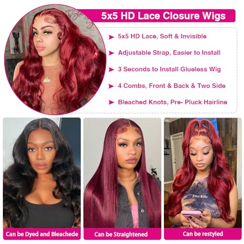 Glueless Wigs Human Hair Pre Plucked Pre Cut 5x5 Body Wave Lace Closure Wigs Human hair 250 Density Colsure Wigs for Women Ready to Wear Wig 99j Burgundy 22 Inch