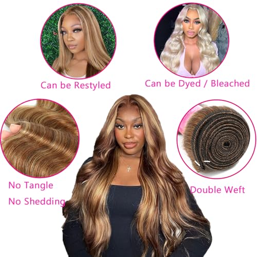 4/27 Brown Highlight Body Wave Bundles Human Hair 100% Unprocessed Brazilian Virgin Hair Honey Blonde Human Hair Body Wave Bundles Wet and Wavy