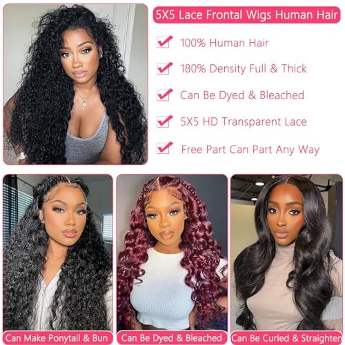 5x5 Lace Closure Wig Water Wave 5x5 Hd Lace Closure Wigs Human Hair For Women 180% Density 100% Virgin Human Hair Free Part 5x5 Deep Curly Closure Glueless Wig Pre Plucked 30 Inch