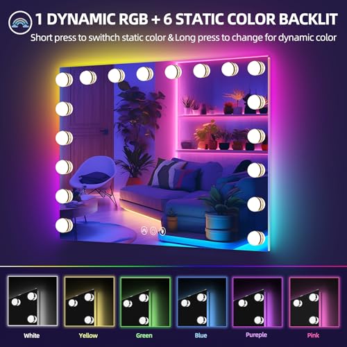 Misavanity Vanity Mirror with RGB Backlight 32¡¯¡¯x23¡¯¡¯ LED Makeup Mirror with 18 Dimmble 3 Color Modes Bulbs Light up Mirror with 10X Magnification and Smart Touch, White