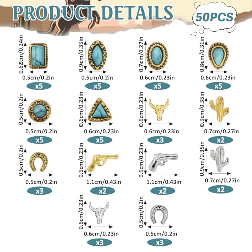 50 PCS Turquoise Nail Charms - 3D Western Nail Charms Vintage Turquoise Gems Stones Art, Retro Metal Gold Silver Cowboy Cowgirl Western Art Stickers Accessories Women DIY
