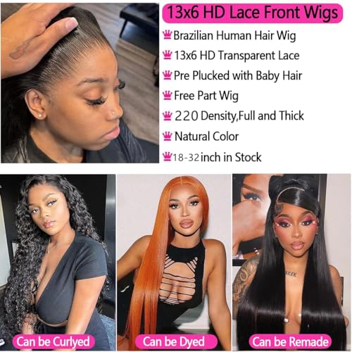 30 Inch 13x6 Straight Lace Front Wigs Human Hair Thin HD Glueless Pre Plucked Bleached Tiny Knots Full Lace Frontal Wig Upgraded 14A Soft Hair 200 Dentisty Black Wig