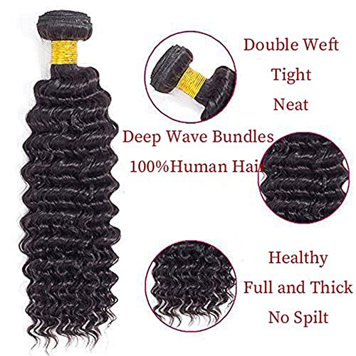 1B Natural Black Deep Wave Human Hair Bundles Unprocessed Brazilian Virgin 3 Bundles 26 28 30 Inch Black Deep Curly Bundle Human Hair Extensions 50 Gram Per Bundle