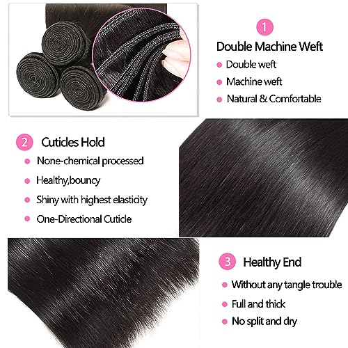10A Straight Bundles with Closure 24 26 28 with 20 Inch Human Hair Bundles with Closure 100% Unprocessed Brazilian Virgin Human Hair Weave with Closure HD Lace