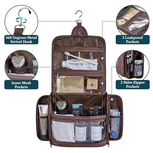 PAVILIA Large Hanging Toiletry Bag Travel Bag Women Men, PU Leather Cosmetic Organizer, Water Resistant Makeup Bag Accessories Toiletries, Travel Essentials Kit, Brown