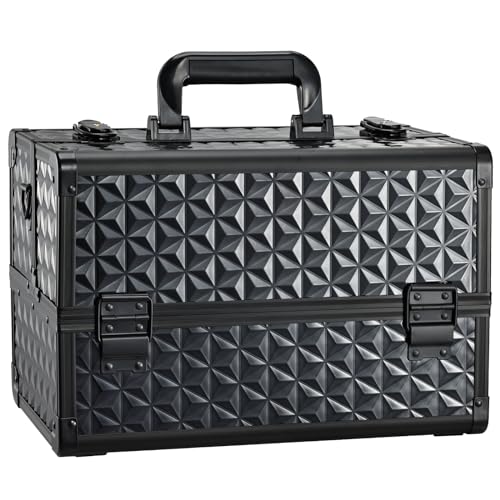 Joligrace Makeup Train Case Professional Cosmetic Organizer Aluminum Storage Box with 4 Adjustable Dividers Trays Lockable Portable with Shoulder Strap