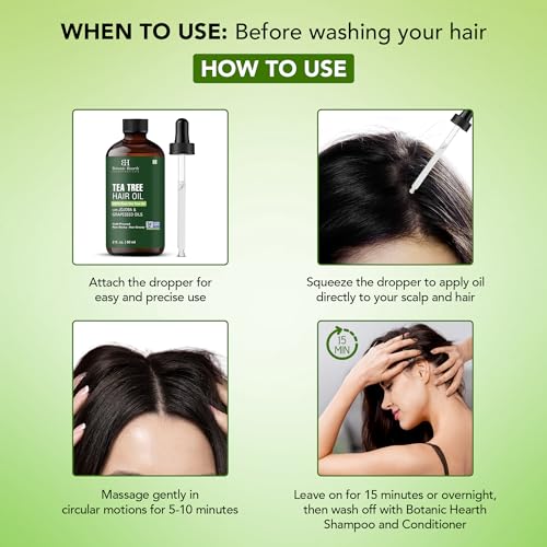 Botanic Hearth 100% Pure Tea Tree Oil For Hair Growth | Infused with Jojoba & Grapeseed Oils | Hair Oil Repairs Dry Damaged Hair, Strengthening, Healthier - Hair Tonic, 2.0 fl oz