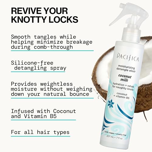Pacifica Coconut Milk Hair Detangler Spray - Leave In Conditioner Spray, Detangling Elixir Suitable for All Types, Fine and Curly Hair Products, Smoothing, Moisturizing, and Anti-Frizz - 207 mL