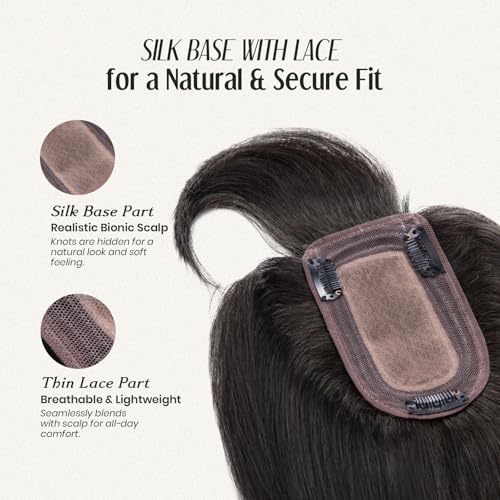 MY-LADY Human Hair Toppers for Women Real Human Hair with Bangs Thin 7 * 13CM Silk Base with Lace Clip in Remy Hairpieces 150% Density 18 Inch Natural Black