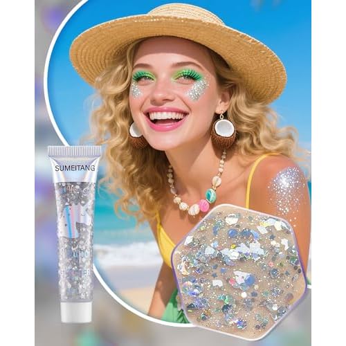 6PCS Silver Face Body Glitter Gel£¬Holographic Chunky Sequins Body Glitter Paint for Party Singer Concerts Music Festival Rave Accessories for Girls Women Face Body DIY Sparkling Makeup