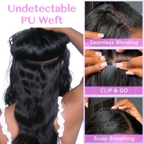 IDN BEAUTY Seamless Clip In Hair Extensions Human Hair, Body Wave 14 Inch 110g 7pcs Natural Black Real Virgin Human Hair Seamless Clip Ins For Black Women PU Weft Invisible Edge