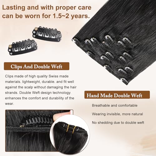 16A Premium Clip in Hair Extensions Real Human Hair, 20inch 120g 7pcs £¨Service life1.5~2 years£©Remy Seamless Invisible Double Weft Human Hair, #1 Natural Black Multiple Washes Keep Texture Soft