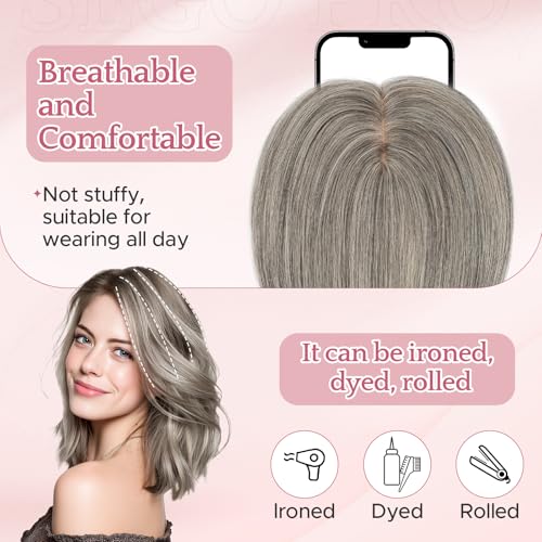 Hair Toppers for Women Real Human Hair with No Bangs 3.1¡¿3.9 Inch Silk Base Clip-In Topper Natural Looking Hairpieces for Women£¨14 Inch,Light Grey£©