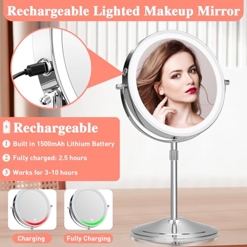 Lighted Makeup Mirror with Magnification, 10X 8¡¯¡¯Rechargeable Double Sided Vanity Mirror with Lights Magnifying Makeup Mirror with 3 Color Light with 360¡Æ Rotation, Detachable Base