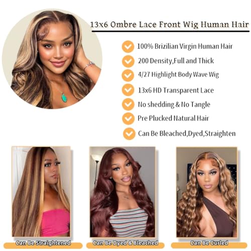 Sunelk Honey Blonde Ombre Lace Front Wig Human Hair Highlight Body Wave Lace Front Wigs Human Hair Pre Plucked 200 Density Glueless Wig 13X6 HD Lace Frontal Wig for Women 4/27 Colored 28 Inch