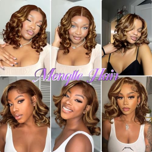 Glueless Wig Pre Plucked Pre Cut 4/27 Lace Front Wigs Human Hair Wear And Go Ombre Curly Bob Wig 200% Density 6x5 HD Lace Wigs Loose Body 100% Remy Human Hair Wigs 18 Inch