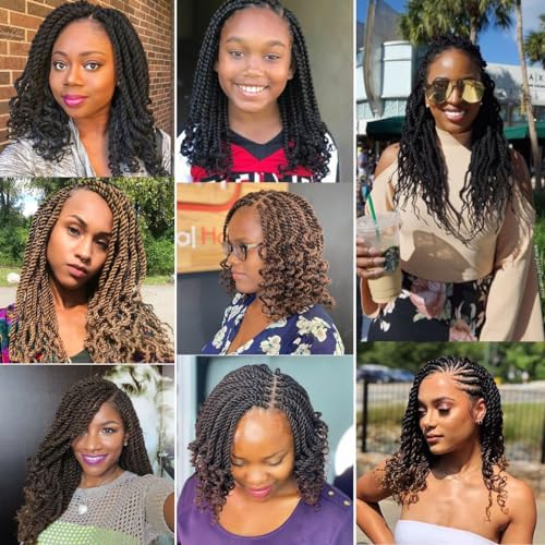Kachanaa 10 Inch Wavy Senegalese Twist Crochet Hair for Black Women 8 Pack Short Pre-looped Crochet Braids with Curly End Synthetic Pre Twisted Havana Twist Braiding Hair for Kids Girls 1B#