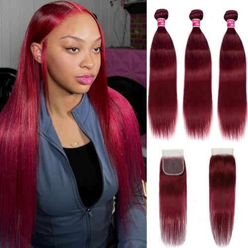 99j Straight Bundles with Closure Human Hair 12A Brazilian Raw Remy Human Hair Bundles and 4x4 HD Lace Closure Free Part Win Red Human Hair Bundles with Closure 20 22 24+20 Inch