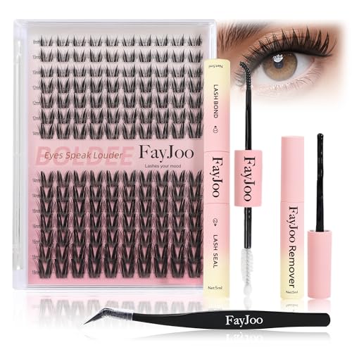 Dramatic Volume Lash Clusters Kit, 0.05mm Thin Band 8-18mm C Curl, DIY Lash Extension with Bond/Seal/Remover/Tweezer, Waterproof Reusable, FayJoo BOLDEE 11 Kit