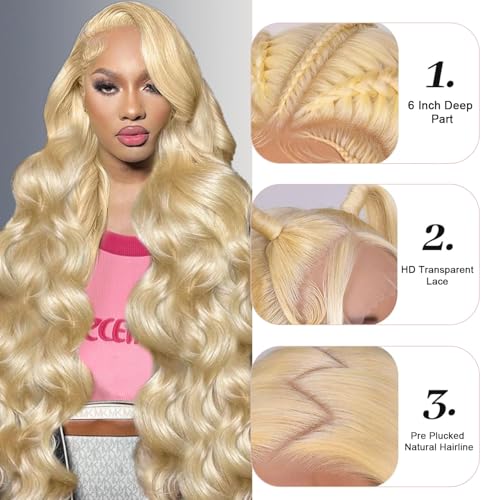 30 Inch 613 13x6 Lace Front Wig Human Hair 200% Density Blonde Body Wave Lace Front Wigs Human Hair Pre Plucked 613 Blonde HD Lace Frontal Wigs