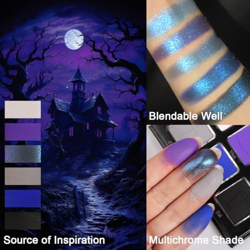 Afflano Goth Eyeshadow Palette Purple Blue, Multichrome Chrome Blue Purple Matte Black White Grey Dark Eye Shade, Gothic Halloween Makeup Eye Shadow Pallet for Joker Clown Cosplay SFX Makeup Costume
