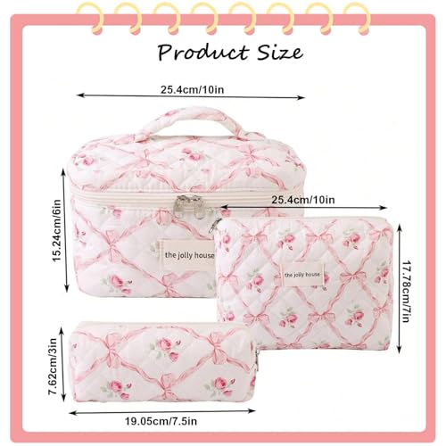 3PCS Cotton Quilted Floral Makeup Bag Set for Women Girls, Cute Make Up Bags with Brush Pockets, Large Wide-Open Toiletry Pouch Gifts for Toiletries Accessories Travelling Essentials
