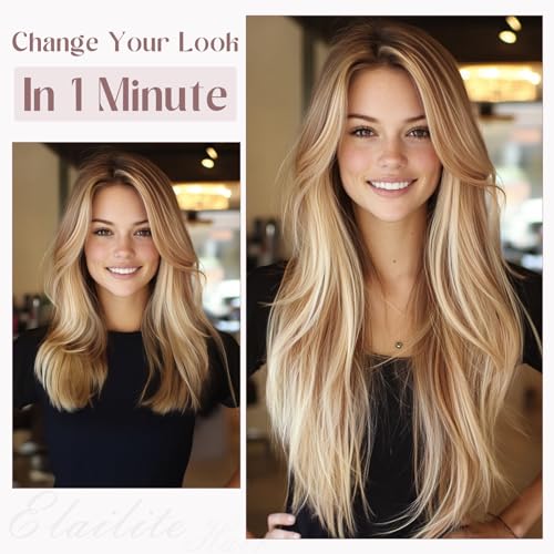 Elailite Clip in Hair Extensions Real Human Hair, Remy Hairpieces for Women, 7PCS Lace Weft Full Head, 22 Inch 130g Light Brown