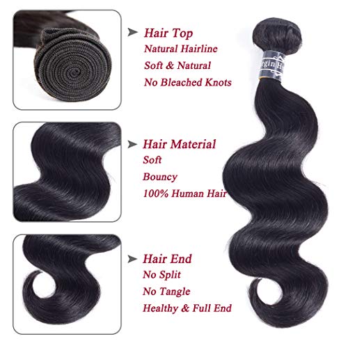 Amella Hair 8A Brazilian Body Wave Bundles - 3 Pack 100% Unprocessed Virgin Human Hair Weave - Natural Black (22, 24, 24)