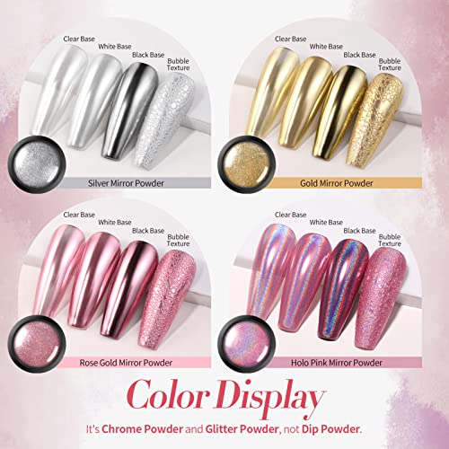 Born Pretty Chrome Nail Powder Metallic Mirror Powder Holographic Pigment Powder Manicure Nail Art Decoration Sets Silver Gold Pink Rose Gold 4 Boxes