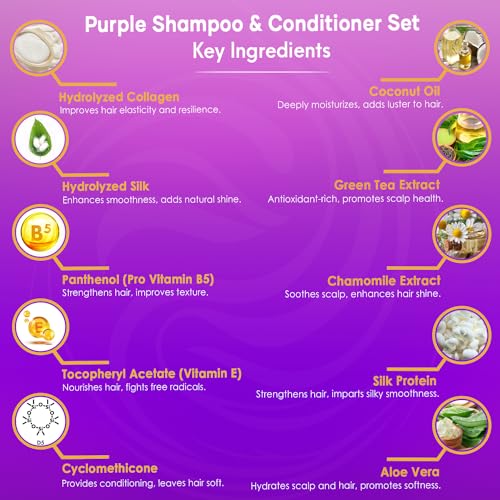 Purple Shampoo and Conditioner Set - Sulfate Free, Enriched with Coconut Oil & Aloe Vera, Ideal for Blonde, Gray, Brassy & Color Treated Hair, Nourishes & Hydrates - 16 fl oz each