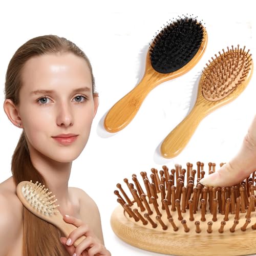 4 PCS Bamboo Hair Brushes Set,Boar Bristle and Detangling Combs,Hair Care Tools with Natural Bristles, Birthday Gift for Family Friend Women Men Mother Hairbrush Kit