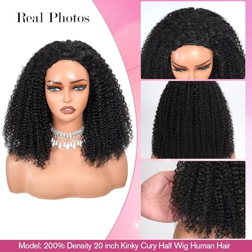 Kinky Curly 3 In 1 Half Wig Human Hair 200% Density Wear Go Glueless Wigs Human Hair for Women 18 Inch Afro Curly Seamless Flip Wig Invisible Hairline