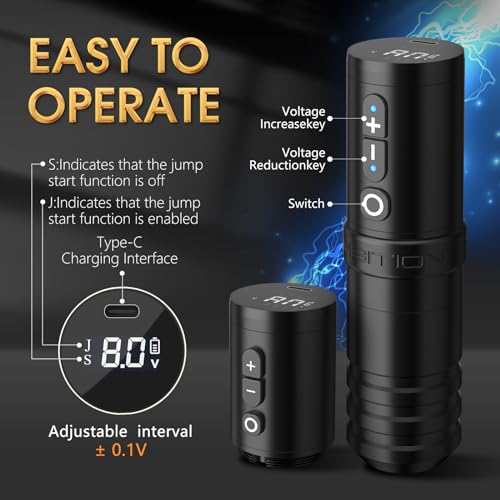 Ambition Wireless Tattoo Machine with 2400mAh Power Supply Digital LCD Display Rotary Tattoo Cartridge Gun Battery Pen with Brushless Motor Straight Drive Bar for Tattoo Artist