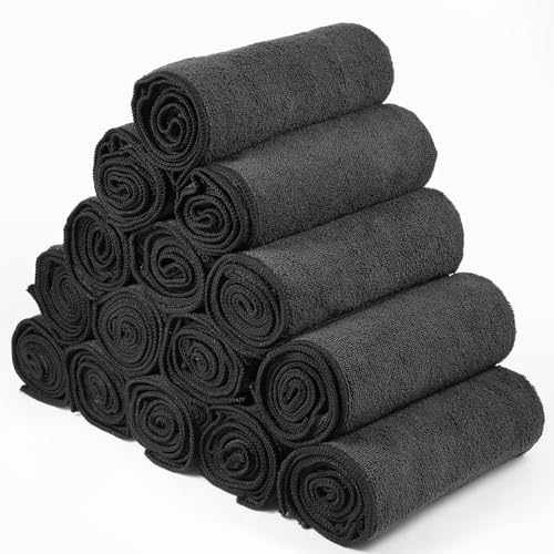 Shimeyao 24 Pack Bleach Proof Towels Microfiber Absorbent Resistant Hair Hand Towels Bulk Quick Dry for Barber Gym Bath Spa Shaving (Black,16 x 29 Inch)