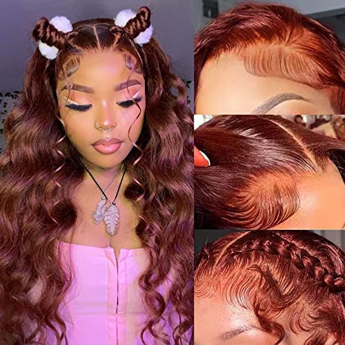 Avolo Reddish Brown Lace Front Wigs Human Hair Pre Plucked 13x4 HD Transparent Body Wave Auburn Colored Wig Glueless Frontal 32 Inch, 1.0 Count