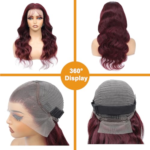28 Inch 99J Burgundy Lace Front Wigs Human Hair Pre Plucked with Baby Hair 180% Density Glueless Wine Red Colored Body Wave Human Hair Wig 13x4 HD Transparent Lace Frontal Wigs for Women